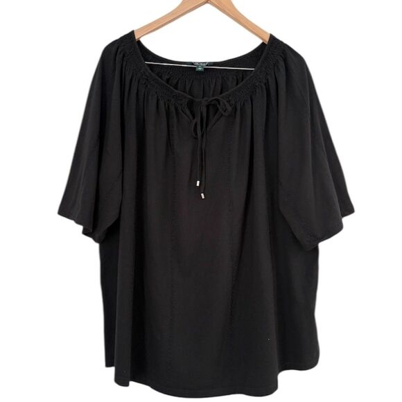 Lauren Ralph Lauren Black Peasant Blouse Tie Neck Size 3X Boho Cottagecore Top - Picture 1 of 8